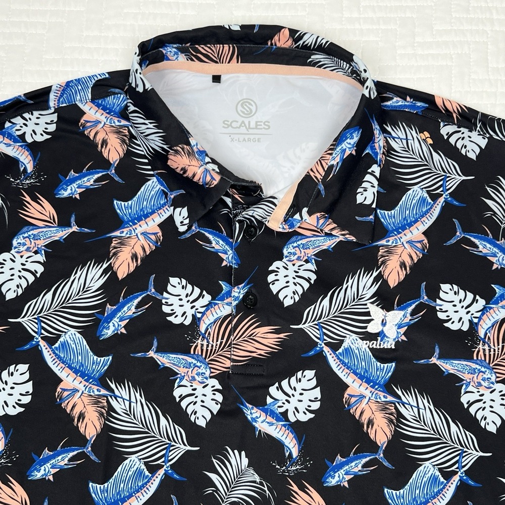 Scales Golf Polo Shirt Men's XL Black Marlin Protea Palm Kapalua Logo Tropical